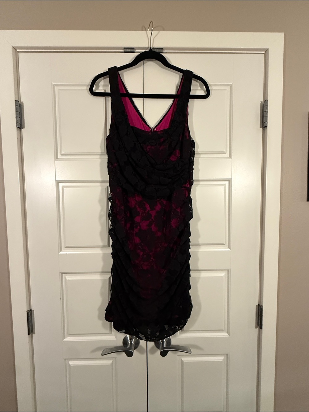 Express Black Lace Overlay Mini Dress with Fuchsia Lining
